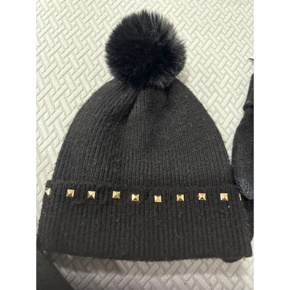 INC INTERNATIONAL CONCEPTS BEANIE AND GLOVES BLACK STUDED POM POM main image 4